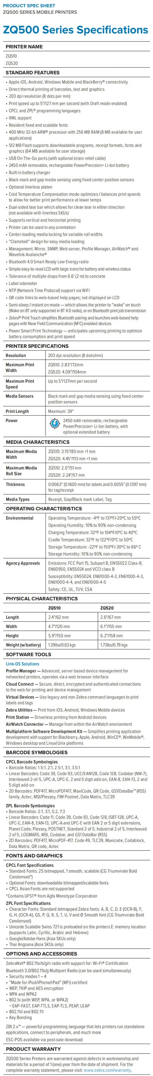 Zebra ZQ520 mobile printer data sheet