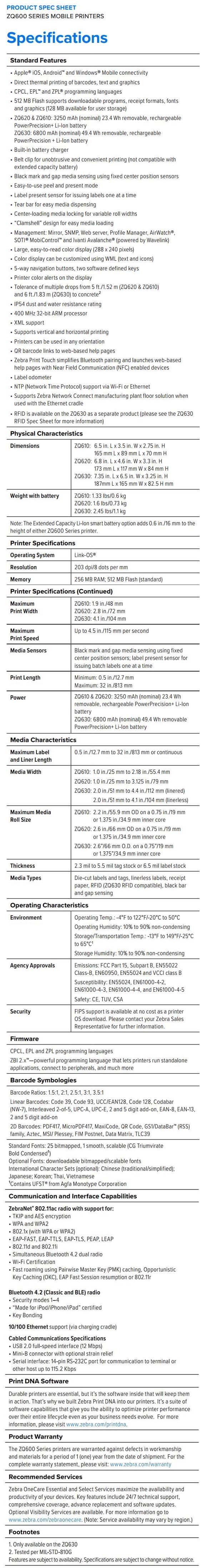 Fiche technique de l'imprimante mobile Zebra ZQ600 Series