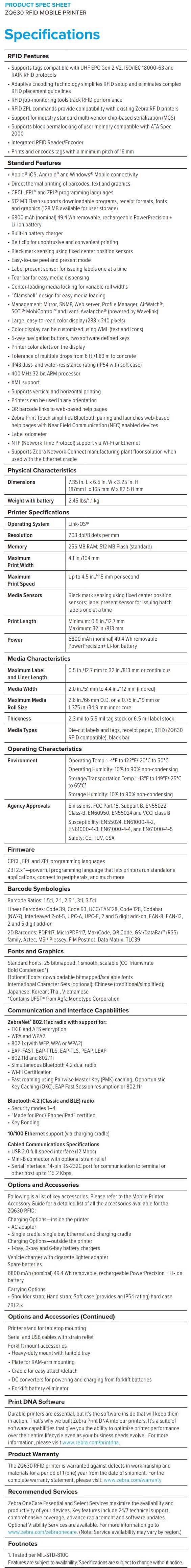 Zebra ZQ630 RFID Mobile Printer data sheet