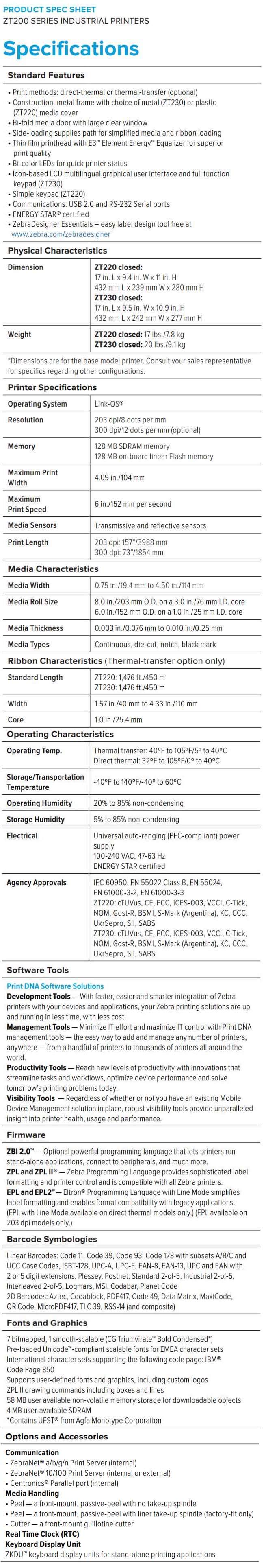 Zebra ZT220_ZT230 Industrial Printers data sheet