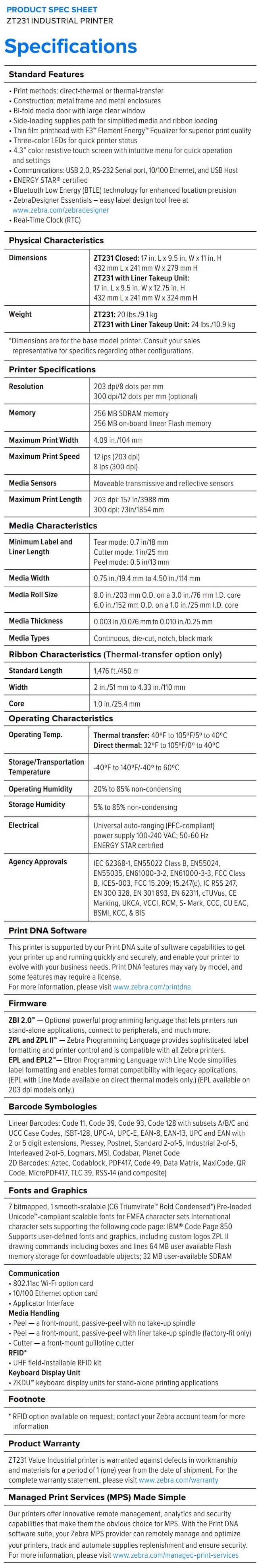 Zebra ZT231 Industrial Printer data sheet