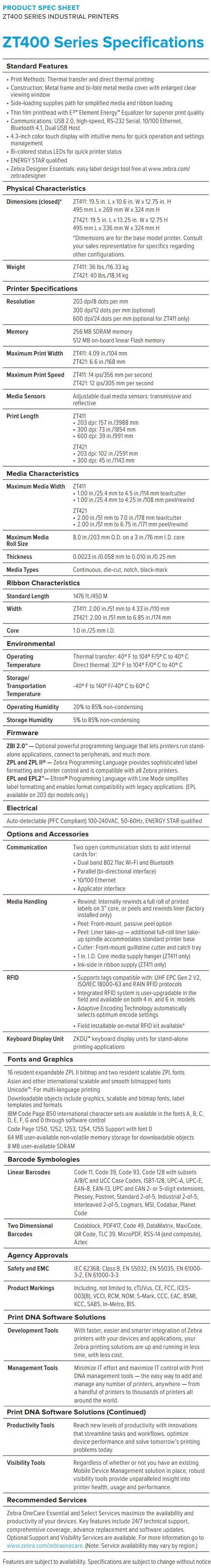 Zebra ZT400 Series Industrial Printers data sheet