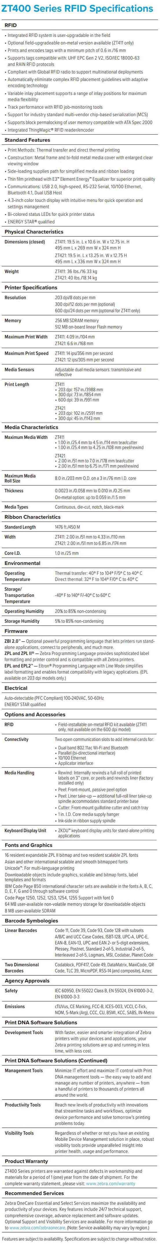 Ficha técnica de codificadores industriales RFID serie Zebra ZT400