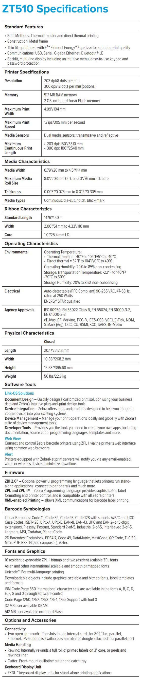 Zebra ZT510 Industrial Printer data sheet