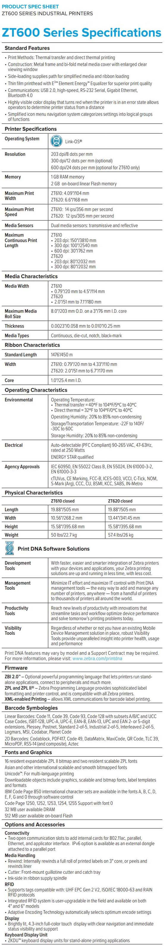 Hoja de datos de las impresoras industriales Zebra serie ZT600