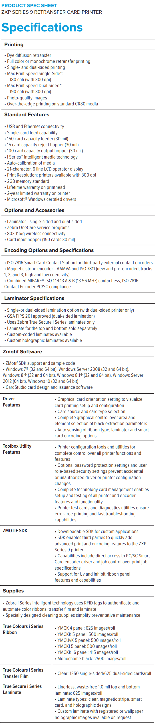 Fiche technique de l'imprimante de cartes à retransfert Zebra ZXP Series 9