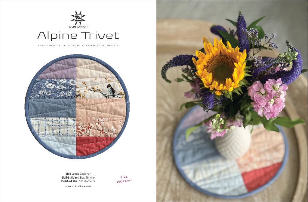 Alpine Trivet free quilt pattern cover photo and photo of round trivet holding a vase of fresh flowers