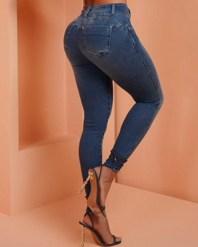 Heart Print Skinny Jeans Women Sexy Butt Lift High Waist Stretchy