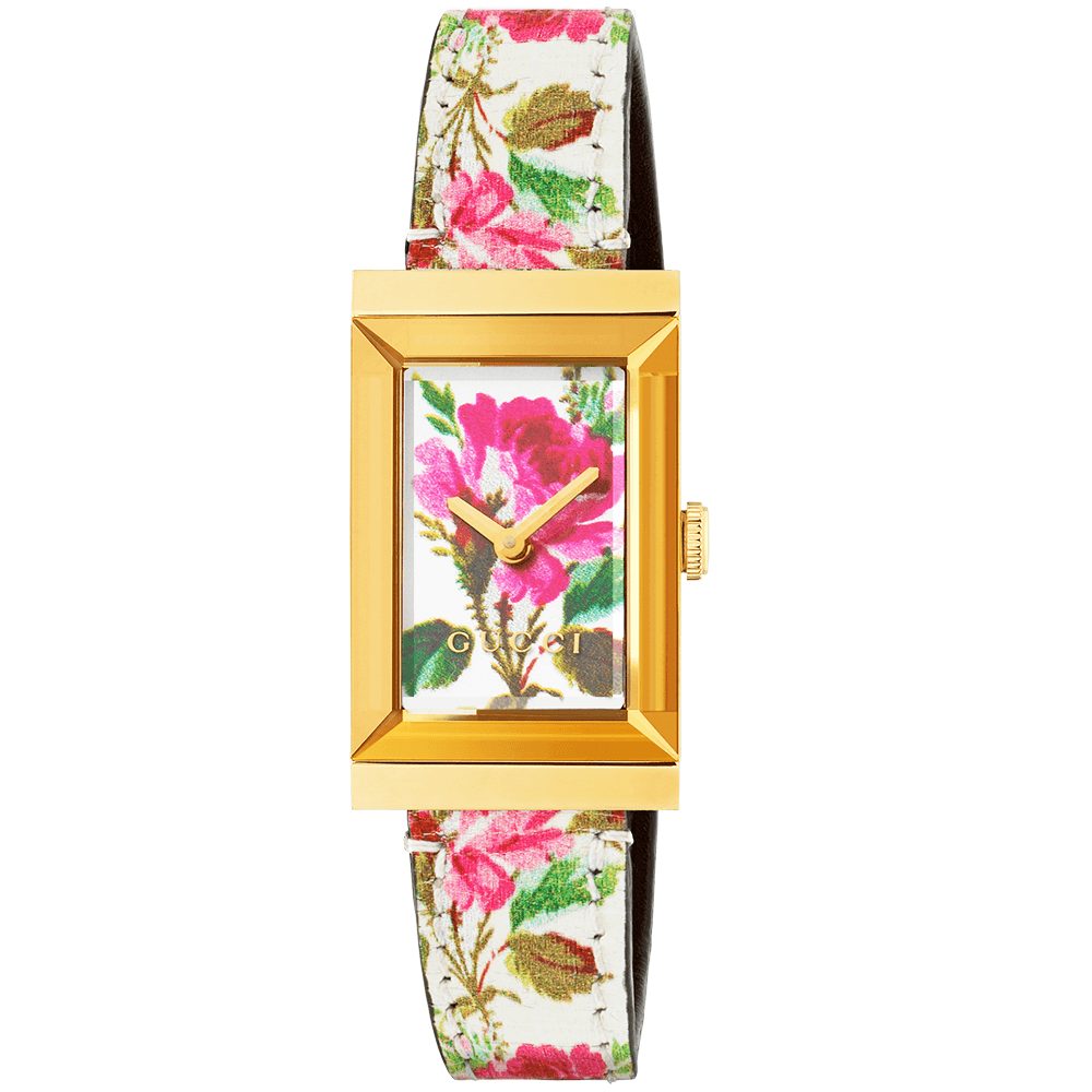 gucci g frame yellow gold pvd white mother of pearl floral dial strap watch