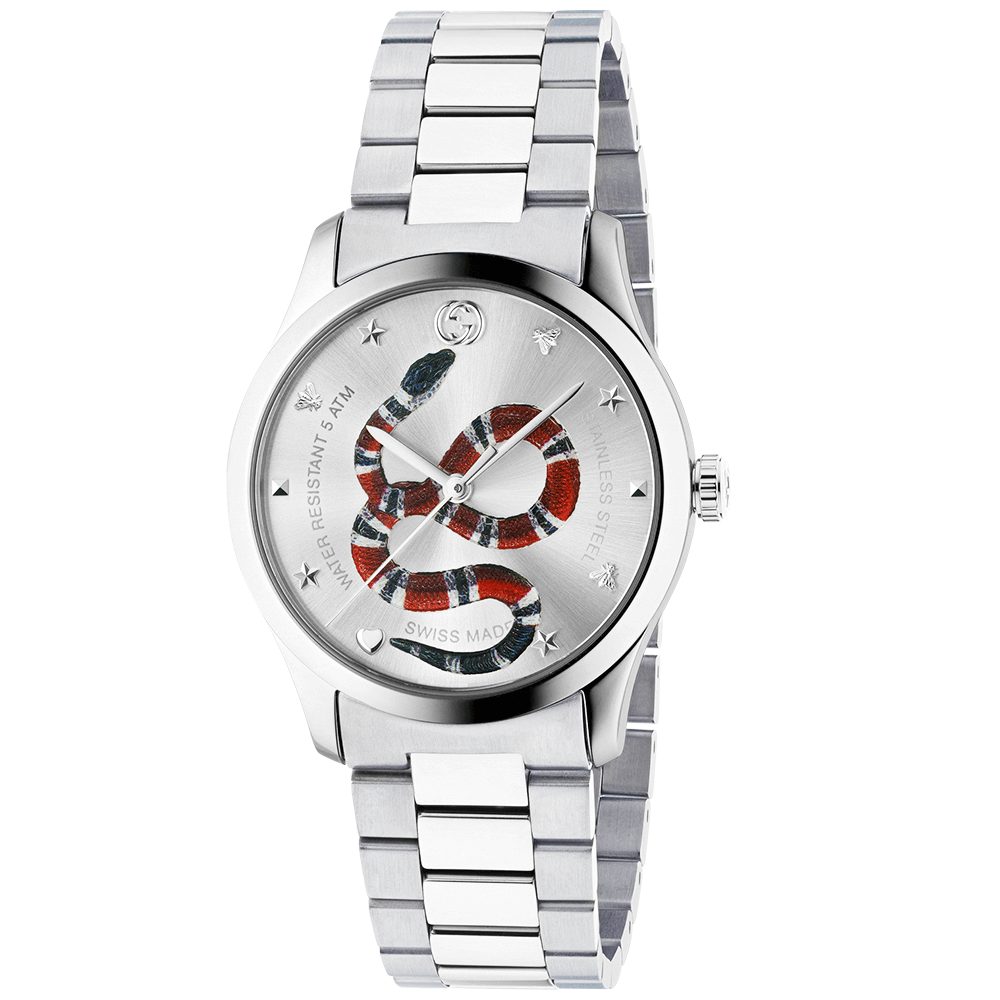 gucci g timeless 38mm steel silver kingsnake dial bracelet watch
