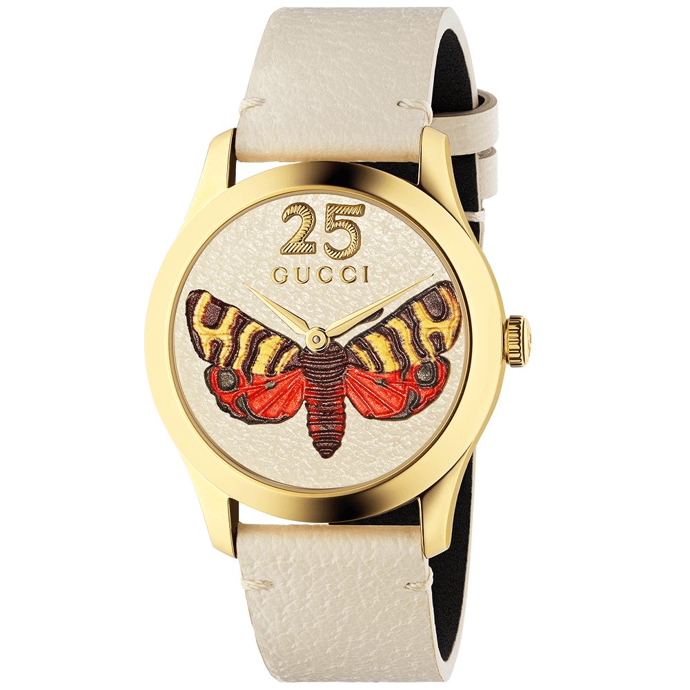 Gucci g timeless 38mm white leather butterfly motif dial strap watch