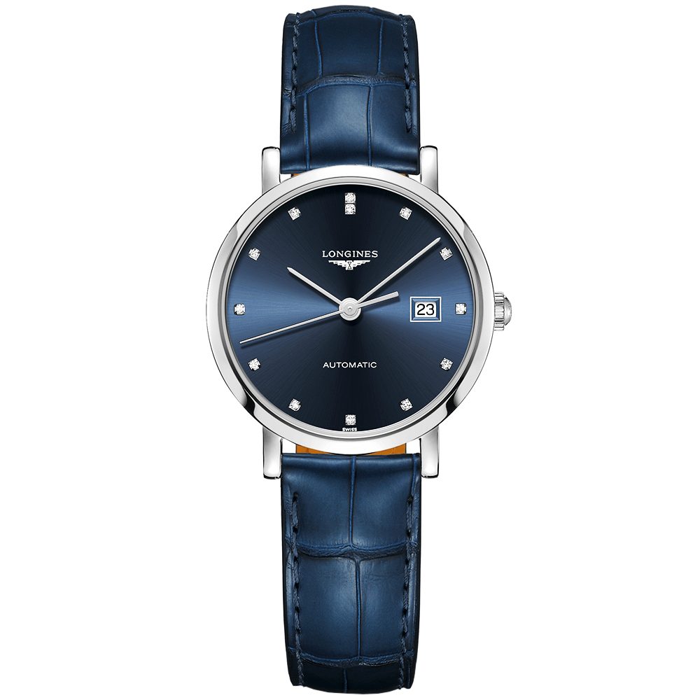 Longines elegant 29mm sunray blue diamond dial ladies leather strap watch