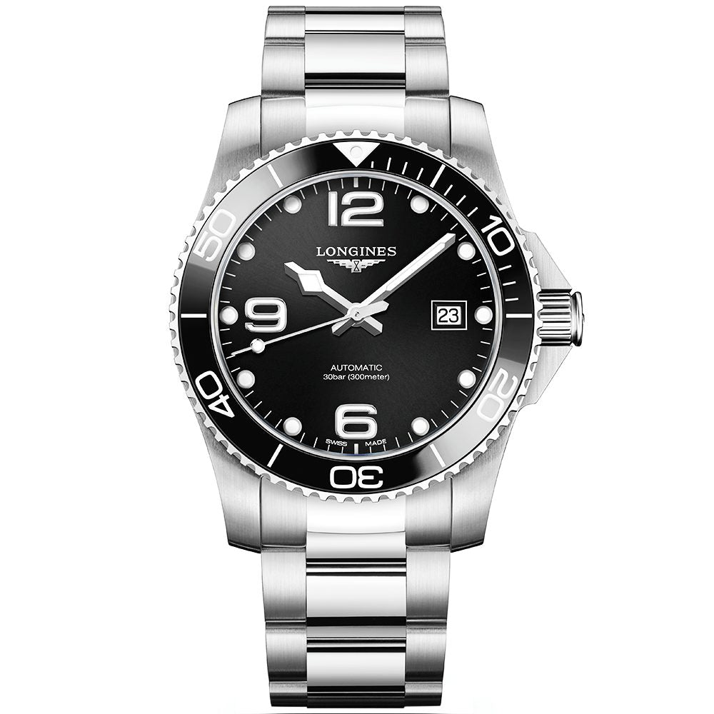 Longines hydroconquest 41mm black dial bezel automatic bracelet watch