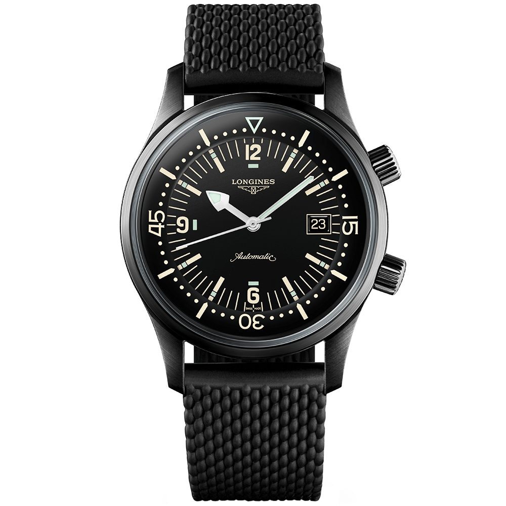 Longines legend diver 42mm black pvd rubber strap mens automatic watch