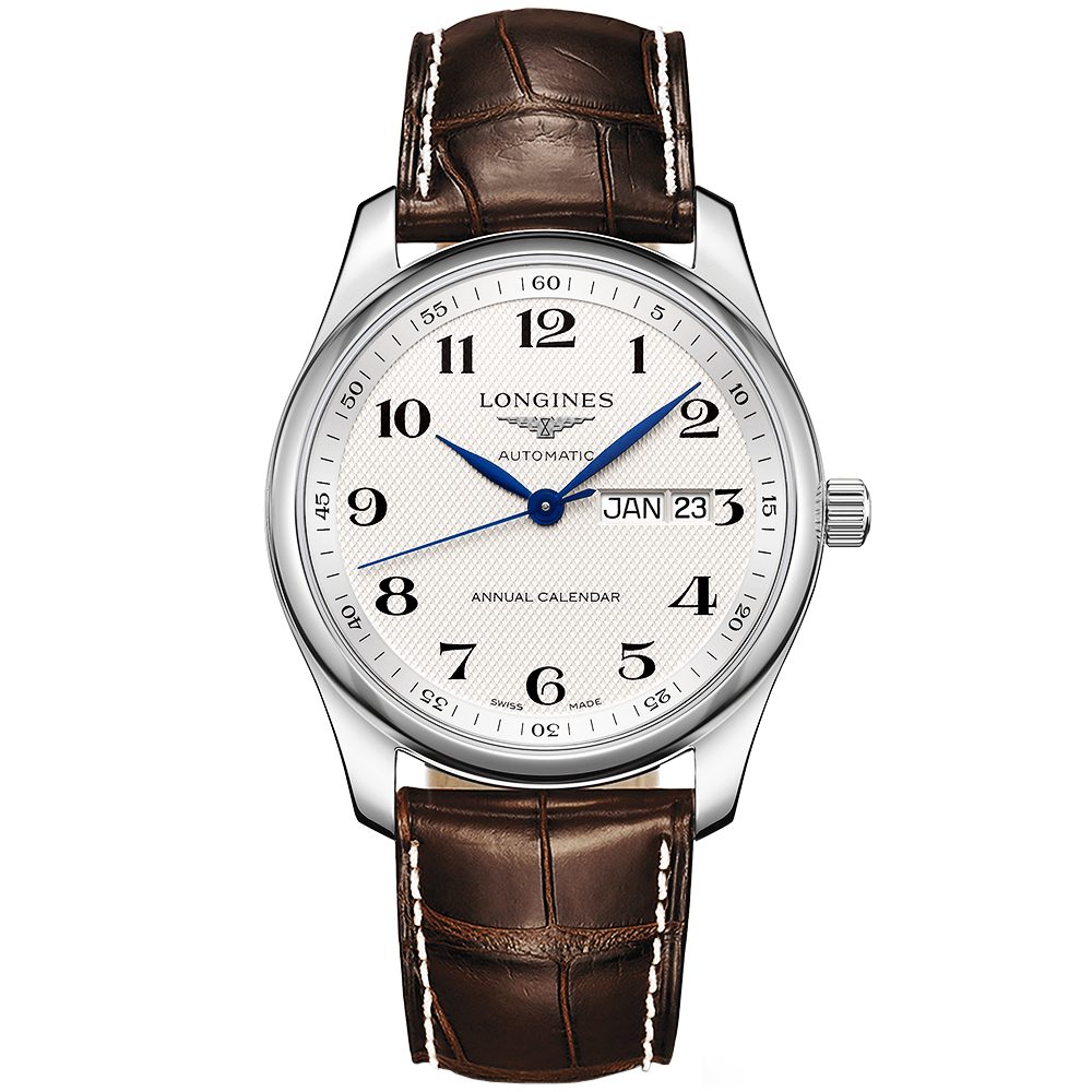 longines master annual calendar 40mm silver arabic dial mens automatic watch