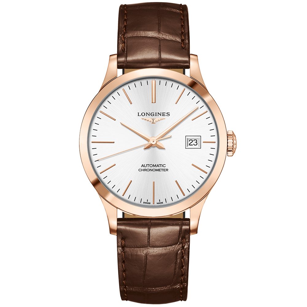 Longines record 38.5mm 18ct rose gold silver index dial automatic strap watch