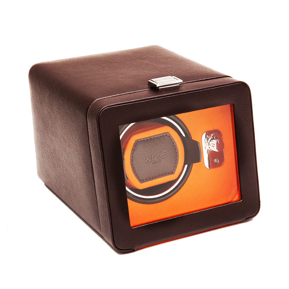 Wolf 1834 windsor single brown leather orange silk watch winder with cover