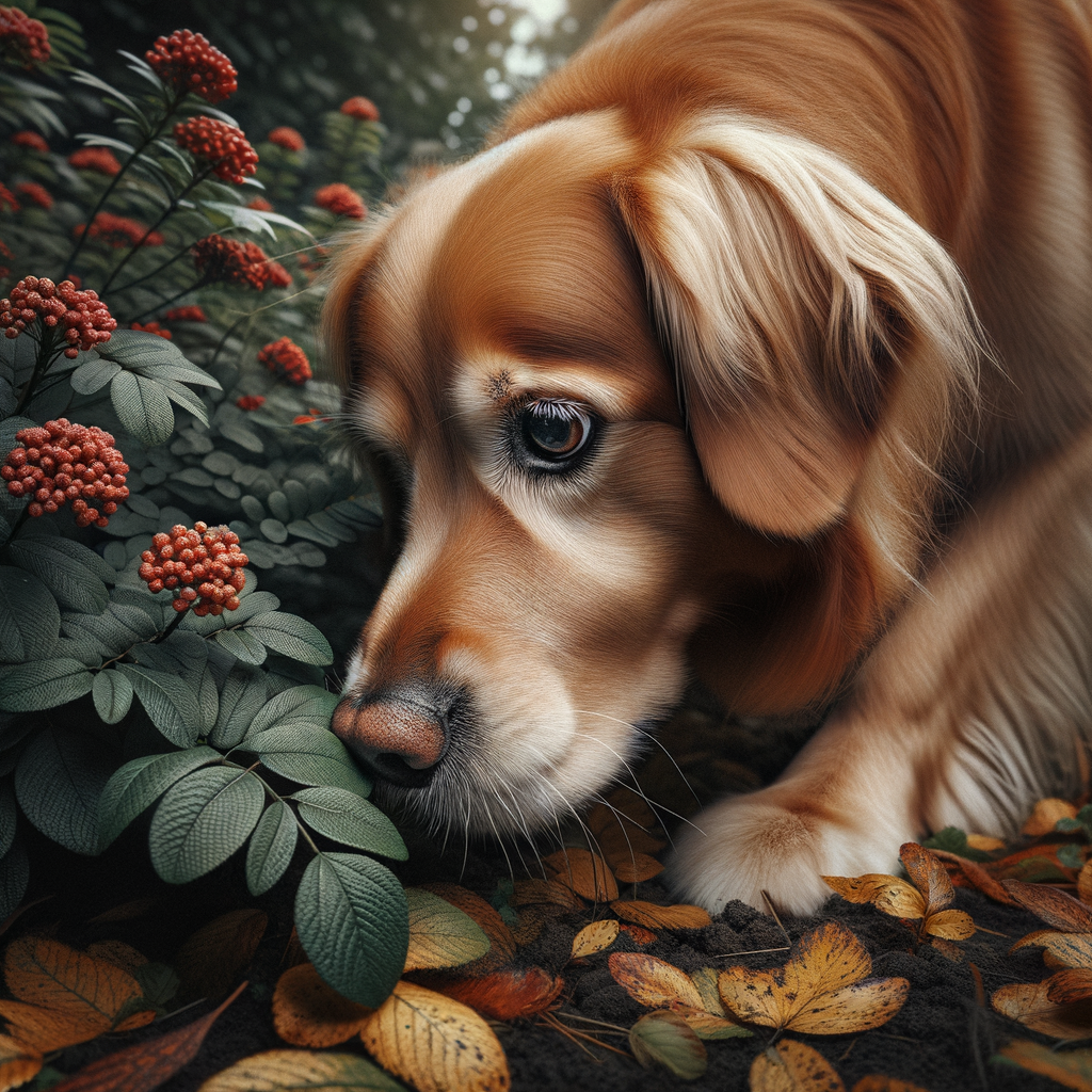 Dog on a walk stopping to sniff a bush
