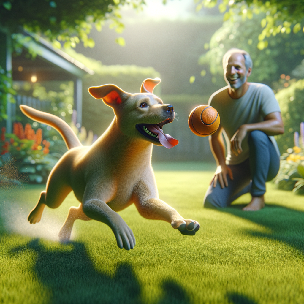 A happy dog playing with its owner in the backyard