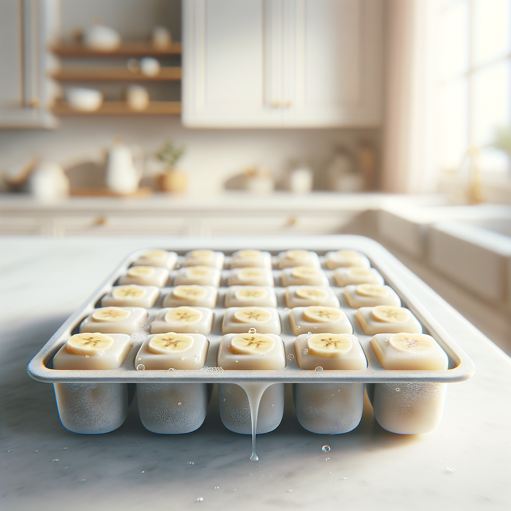An ice cube tray filled with banana and yogurt mixture ready to be frozen