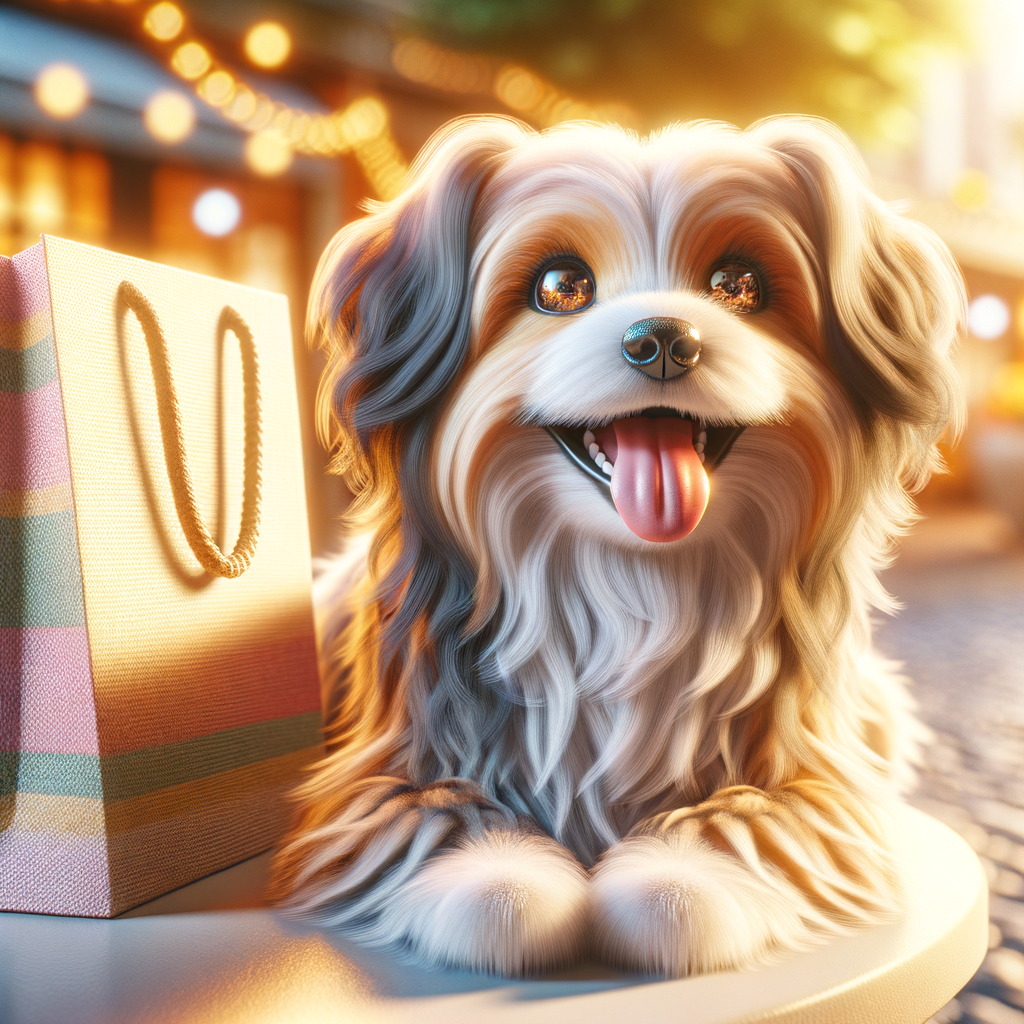 Happy dog sitting beside a shopping bag