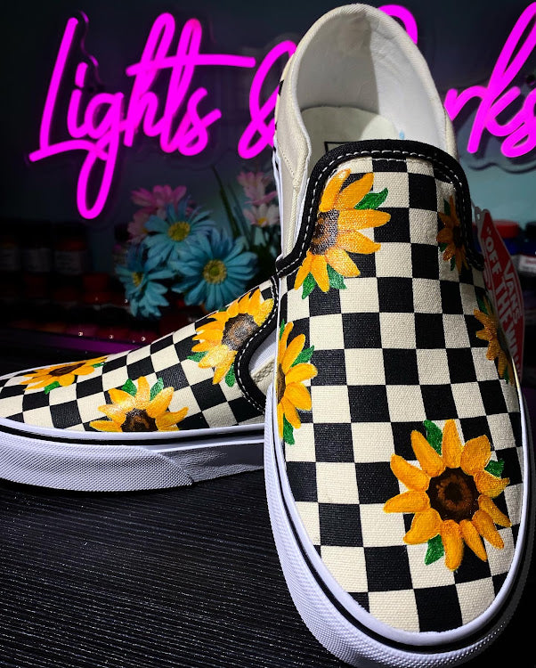 Vans checkered shoes with sunflowers