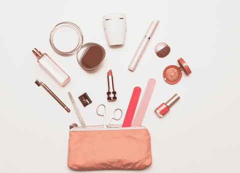 Makeup bag with cosmetics products