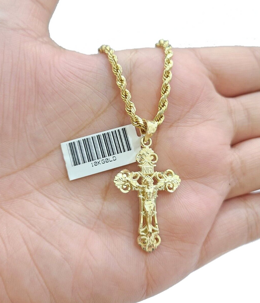 Real 10K Yellow Gold Rope Chain 22'' Necklace Anchor Cross Charm Pendant