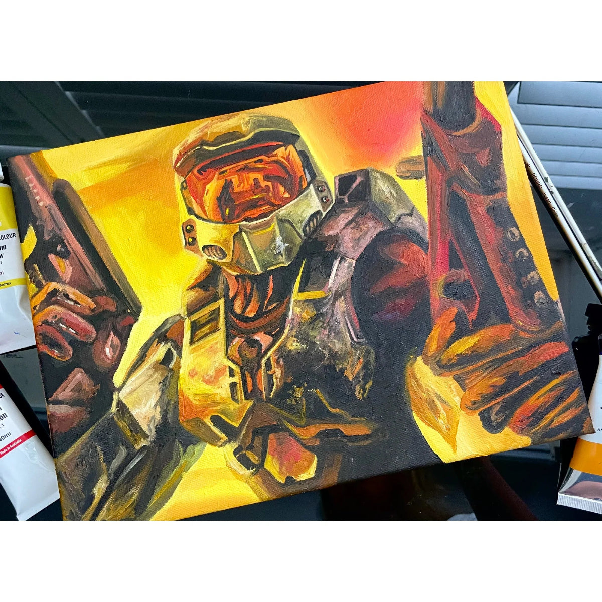 a oil painting depicting Master Chief from Halo 2 famously dual-wielding two SMGs.