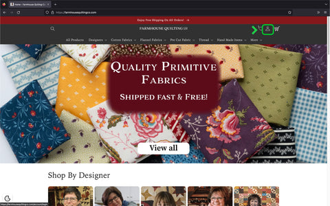 Farmhhouse Quilting Co Home page with green circle high-lighting clickable account icon 