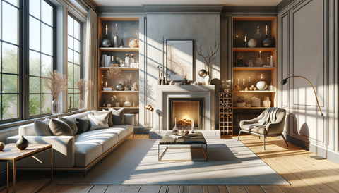 A detailed 3D rendering of a cozy living room interior, designed using the 3D home design software. The living room should feature contemporary furnit