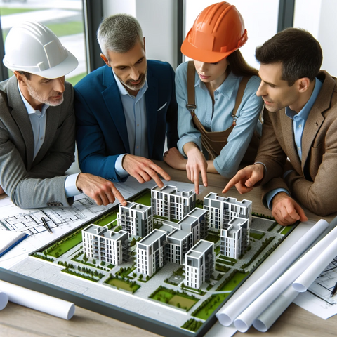 A team of builders and architects discussing over a 3D printed model of a building project. The model is highly detailed, showing a residential comple