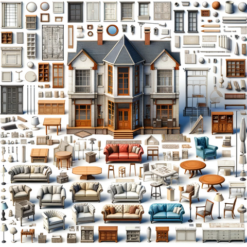 An image showcasing a diverse library of objects available in CAD Cabin 3D Architect software. Include a variety of furniture, fixtures, and fittings