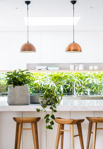 Bright kitchen space with Slugg concrete planters on the counter, adding a natural touch with cascading green plants and wooden bar stools