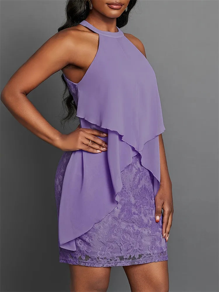 Halter Neck Layered Lace Mini Dress