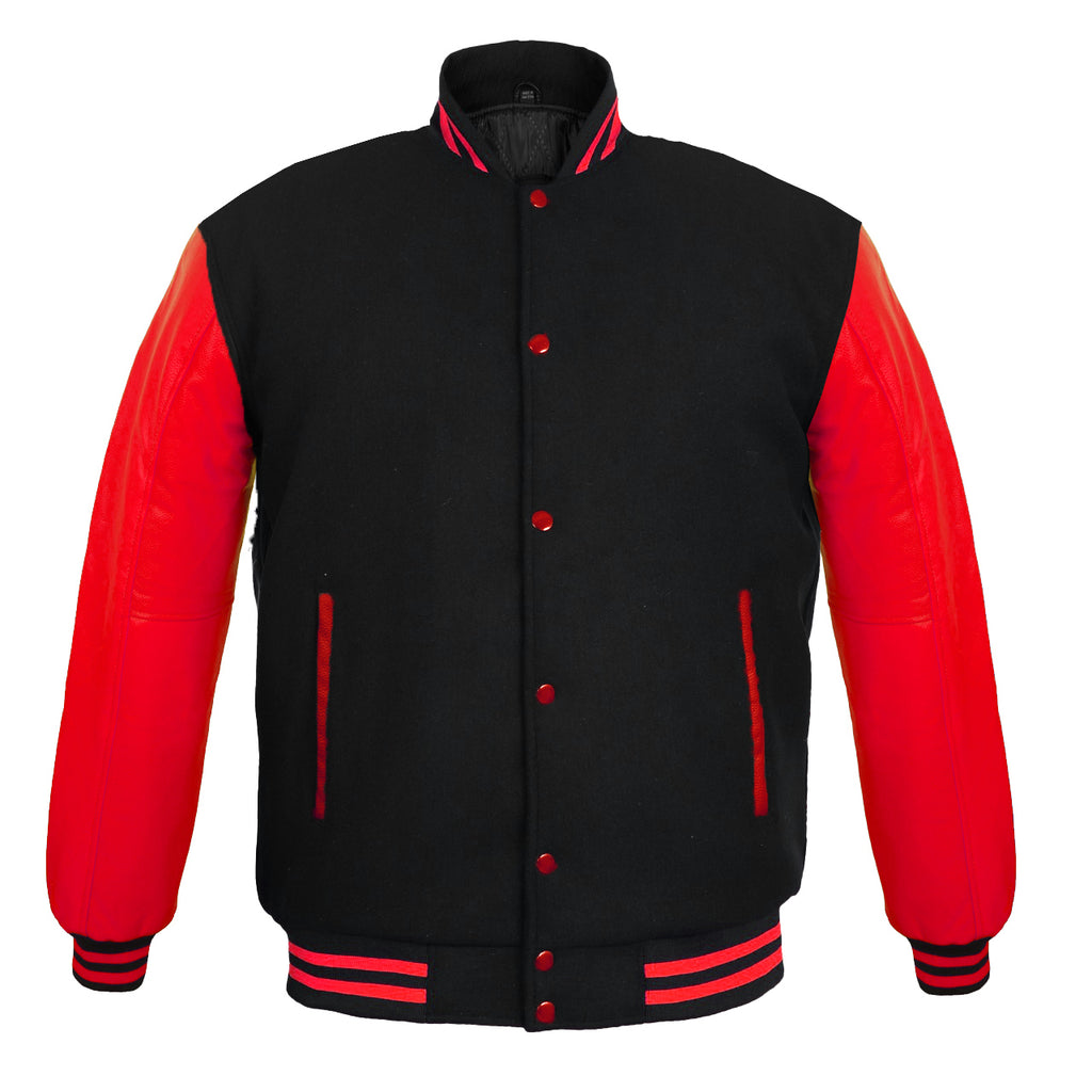 Men’s Varsity Jacket Genuine Leather Sleeve and Wool Body Black/Red ...