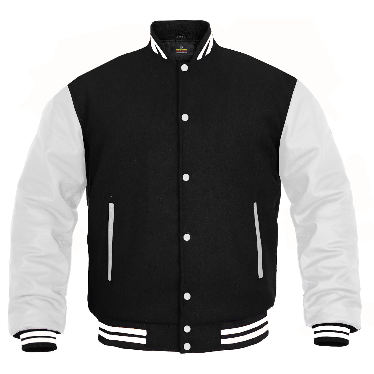 Men’s Varsity Jacket Faux Leather Sleeve and Wool Body Black/White ...