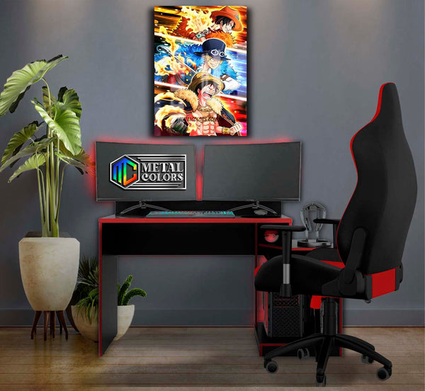 Quadro Metalizado One Piece Luffy Sabo e Ace Irmãos Placa Decorativa B