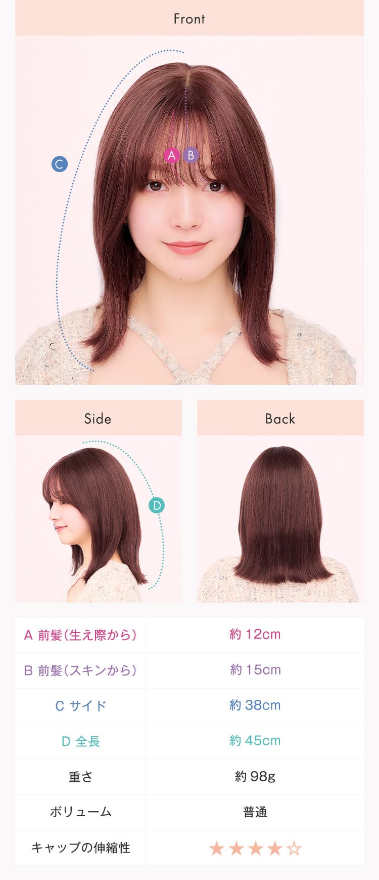 スタイルカットなしのFront、Side、Backの写真、長さ、重さ情報