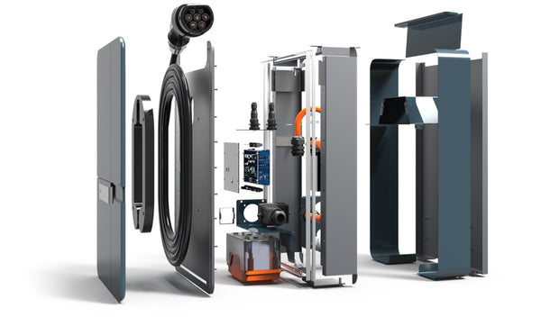 An exploded view of the Andersen A2 home EV charger
