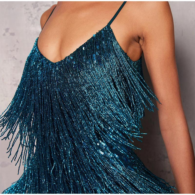 Sequins Tassel Feather Spaghetti Strap Dress