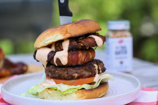 Stuffed Burger with Smoked Bacon Wrapped Onion Wrings