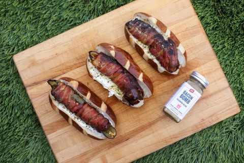 Jalapeno popper bacon hot dogs