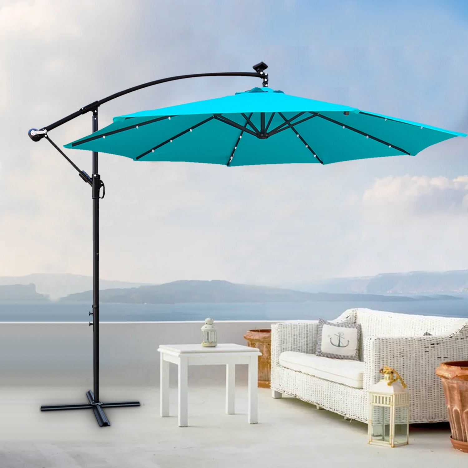10 ft Outdoor Patio Umbrella Solar Powered LED Lighted Sun Shade Market Waterproof 8 Ribs Umbrella with Crank and Cross Base for Garden Deck Backyard Pool Shade Outside Deck Swimming Pool