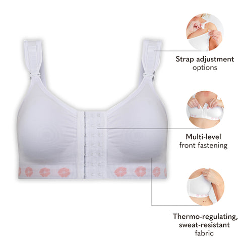 Front hook and eye fastening bamboo bra with no seams and no wires and compression control features.