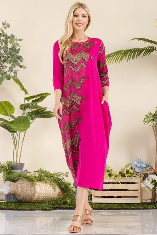 Celeste Full Size Geo Print Paneled Dress with Buttons Plus Size