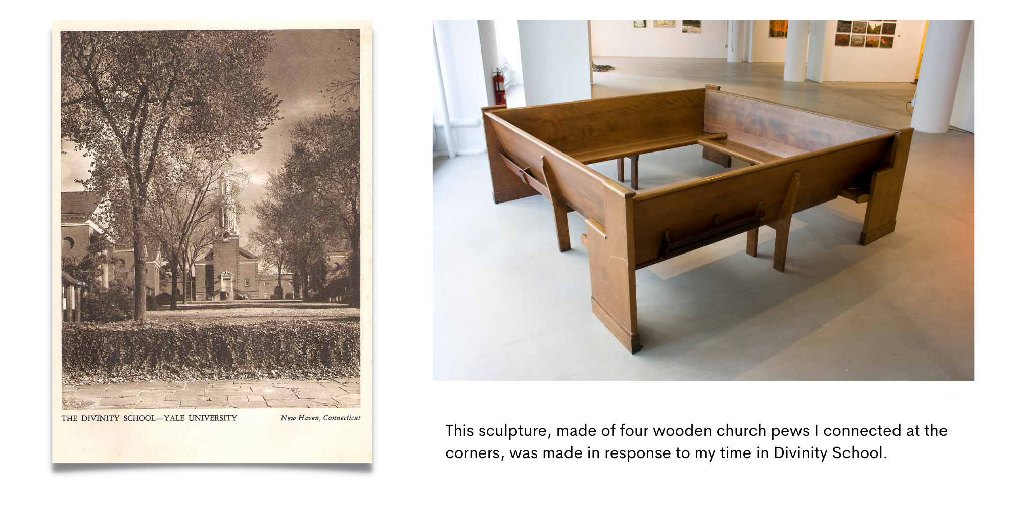 an old postcard with a photo of Yale Divinity School, a photograph of a sculpture made of four church pews joined together at the corners