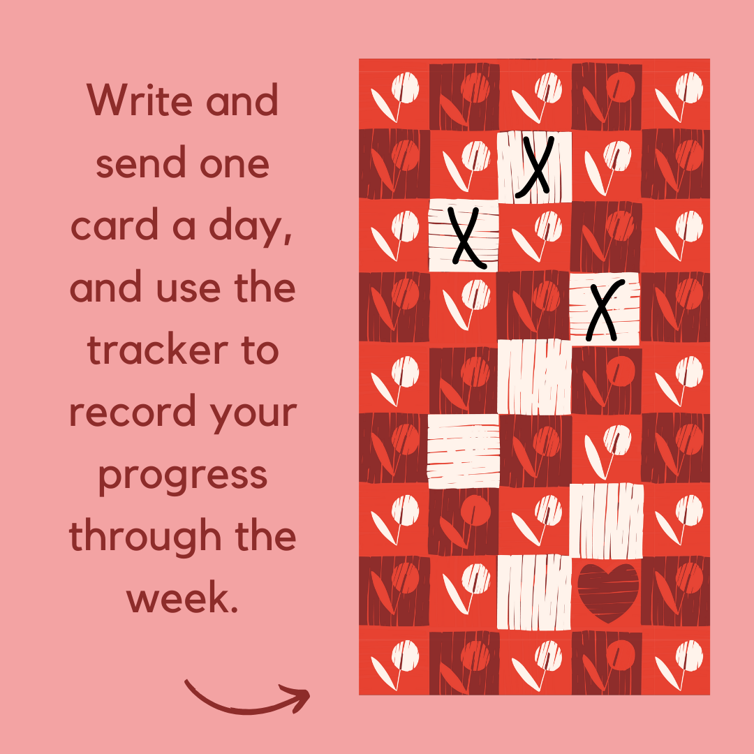 Image of a card writing tracker with x's marking cards written, the text reads "write one card a day and use our tracker to record your progress throughout the week."