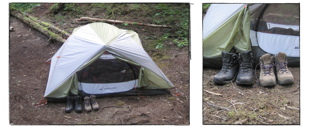 The now iconic image of a tent with two pairs of hiking books sitting just outside the door