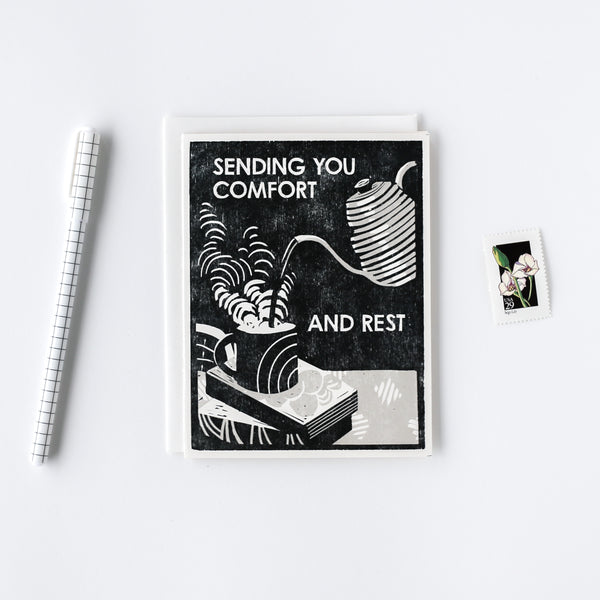 sending you comfort and rest card with silver pot pouring steaming tea